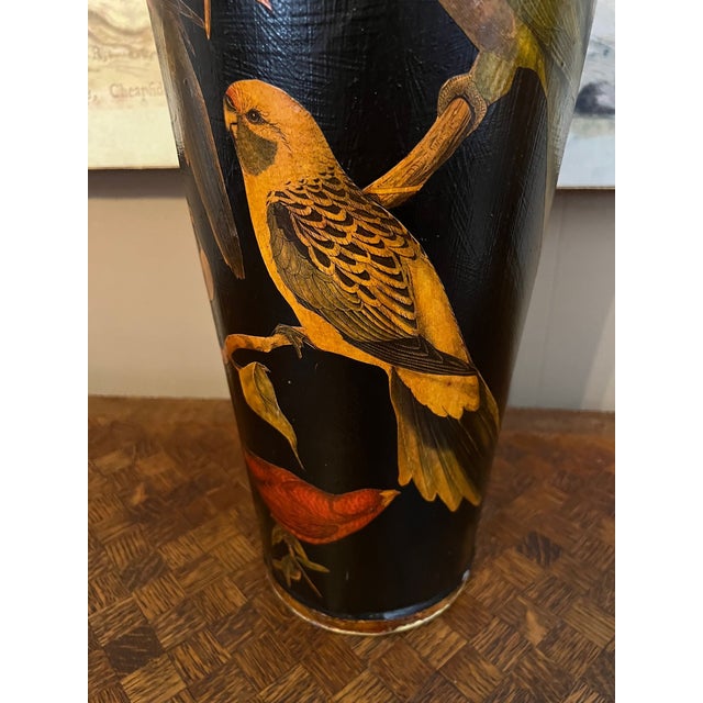 Vintage English Planter Jardiniere Urn Bird Decoupage Black Tole Aviary Décor For Sale - Image 9 of 18