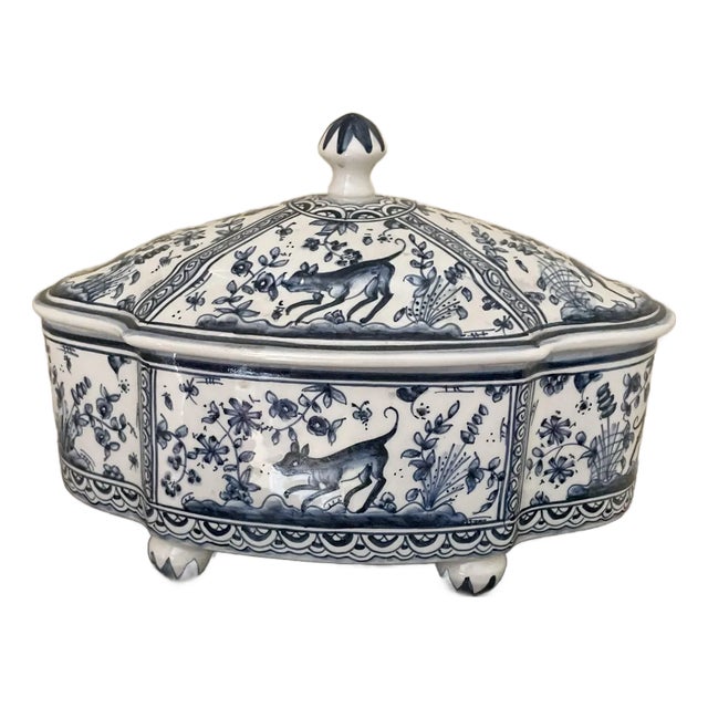 Painted Blue and White Footed Ceramic Box For Sale