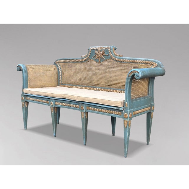 Louis XVI Painted Caned Bergère Sofa, 1880s For Sale - Image 3 of 14