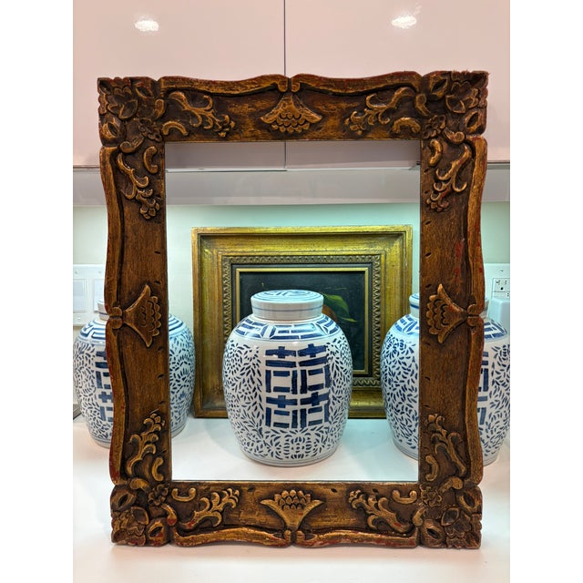 Vintage Hand Carved Wood Picture Frame With Folk Floral Motifs For Sale In Miami - Image 6 of 18