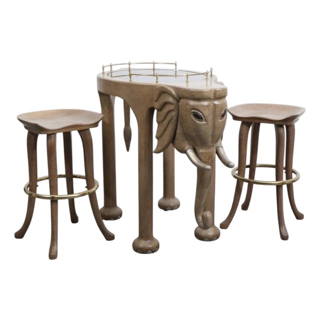 Late 20th Century Marge Carson Hollywood Regency Elephant Bar Cart With Matching Bar Stools, 3 Pieces For Sale