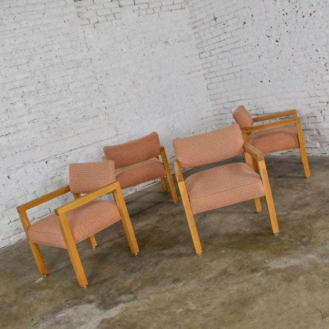 Wood Modern Armchairs Square Frame Oak With Original Blush Textured Fabric, Set of Four For Sale - Image 7 of 13