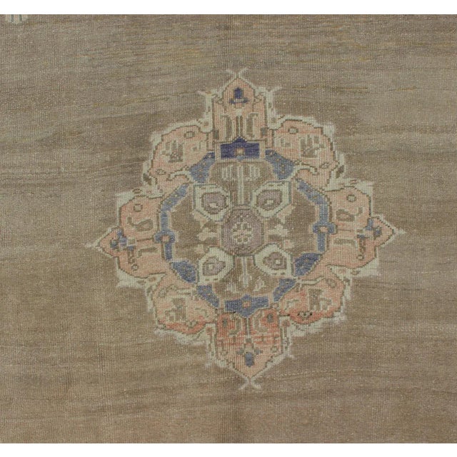 Textile Vintage Turkish Oushak Rug With Taupe, Coral, Blue and Soft Green Tones For Sale - Image 7 of 9