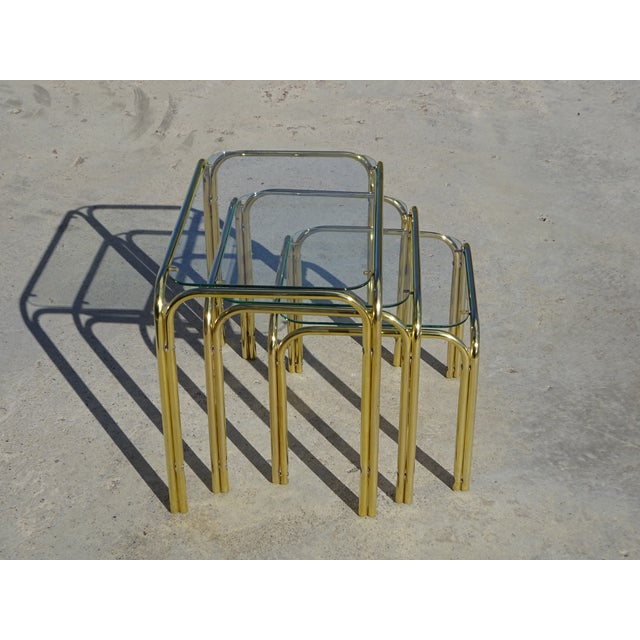 Nesting Tables in Gilt Metal and Tempered Glass, 1990s, Set of 3 For Sale - Image 3 of 18