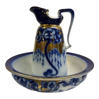 Exquisite Art Nouveau Flow Blue Wash Basin Set For Sale