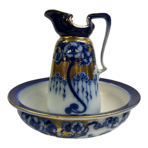 Exquisite Art Nouveau Flow Blue Wash Basin Set