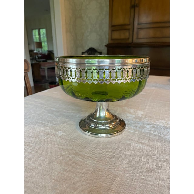 Late 19th Century Antique English Green Glass and Pierced Silverplate Pedestal Bowl/Compote For Sale - Image 10 of 10