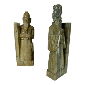Pair of Carved Soapstone Scholar- Warrior Bookends