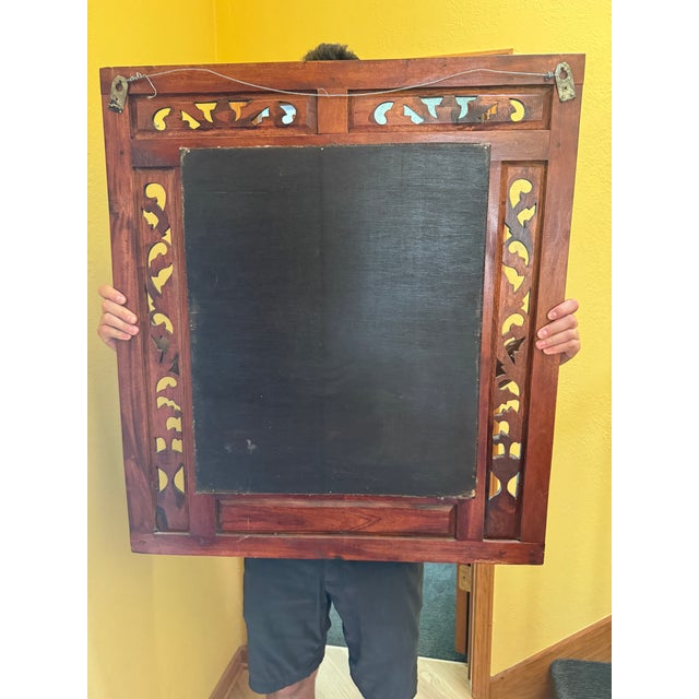 Asian Balinese Carved Teak Shutter Window Wall Mirror For Sale - Image 11 of 11