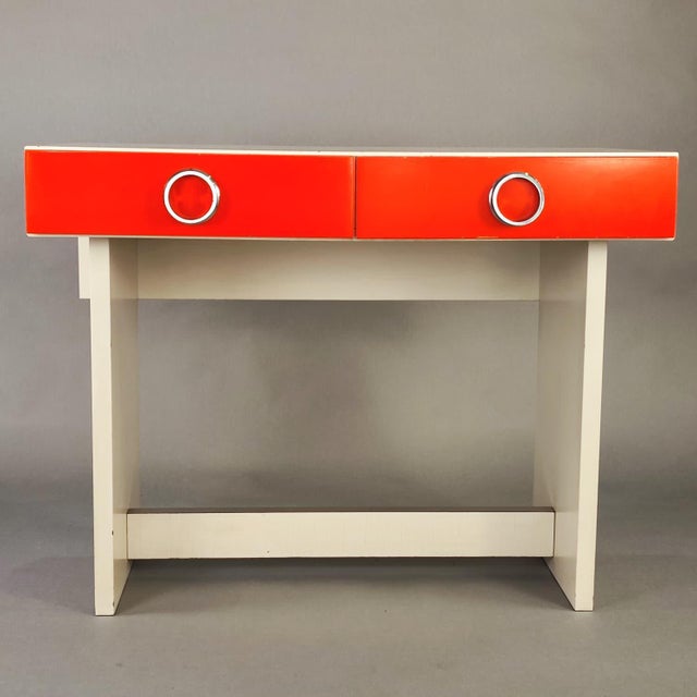 Vintage Bahaus-style desk set, designed in the 1930s. Wooden desk frame with geometric shapes and steel handles. Good...