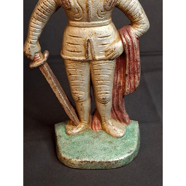 Antique Cast Iron Knight in Armor Doorstop Gold Red Paint 9" Figural Sentry For Sale - Image 11 of 14