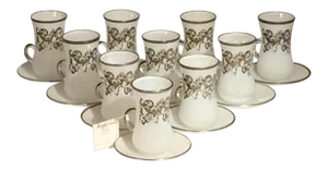 SC Line Made in Italy Demitasse White Mottled Art Glass Cup & Saucer - Set of 10 Pairs