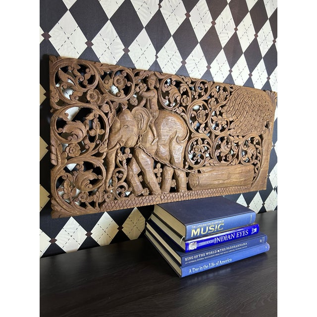 Hand-Carved Thai Teak Elephant & Rider Wall Panel With Floral Openwork, Large 36" For Sale - Image 11 of 13