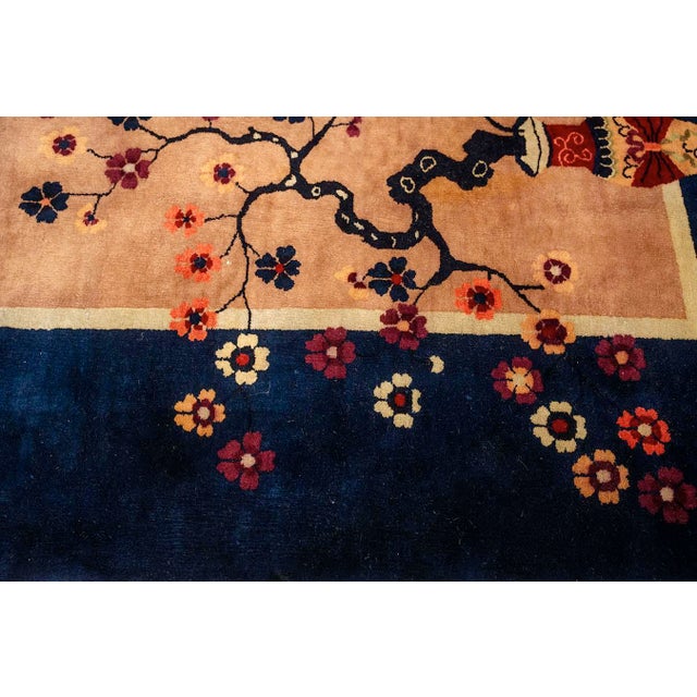 Textile 1920s Large Size Wool Camel Chinese Floral Antique Knotted Art Deco Carpet Rug For Sale - Image 7 of 10