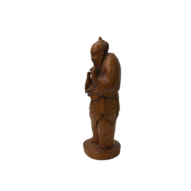 Chinese Boxwood Longevity Goddess Holding Baby Deer Statue For Sale In San Francisco - Image 6 of 7