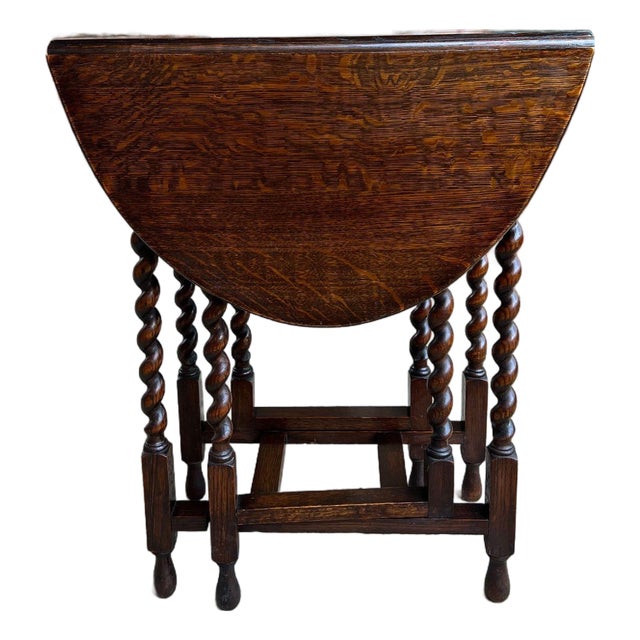 Antique English Petite Drop Leaf Table Barley Twist Gateleg Tiger Oak C1920 For Sale