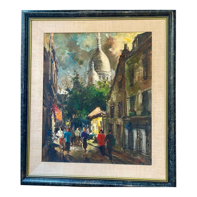 20Th. Century. Cityscape Paris by Night in Montmartre, Oil on Canvas, Signed For Sale