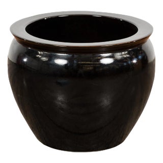 Black Glaze Circular Ceramic Planter with Tapering Lines, Vintage For Sale