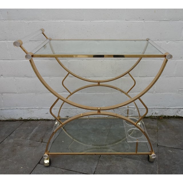 Large Gilded Brass, Glass and Acrylic Glass Bar Cart, 1970s For Sale - Image 6 of 12