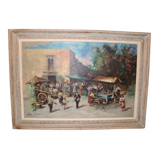 Vintage Original Fruit Vegetable Farmers Market Landscape Oil Painting For Sale