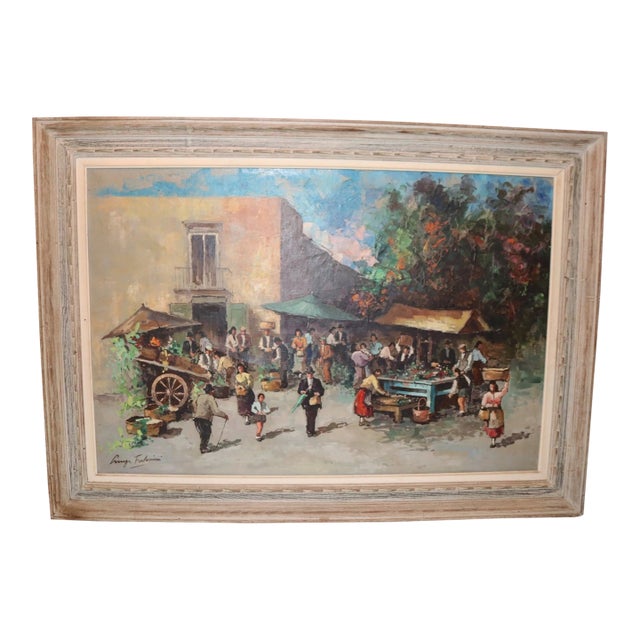 Vintage Original Fruit Vegetable Farmers Market Landscape Oil Painting For Sale