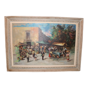 Vintage Original Fruit Vegetable Farmers Market Landscape Oil Painting
