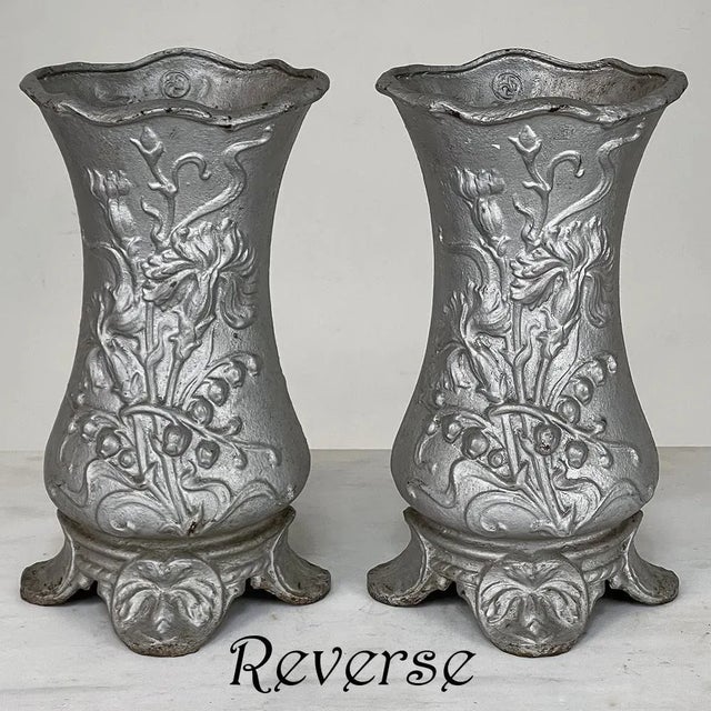 Late 19th Century Pair Art Nouveau Cast Iron Painted Jardinieres ~ Urns For Sale - Image 5 of 13
