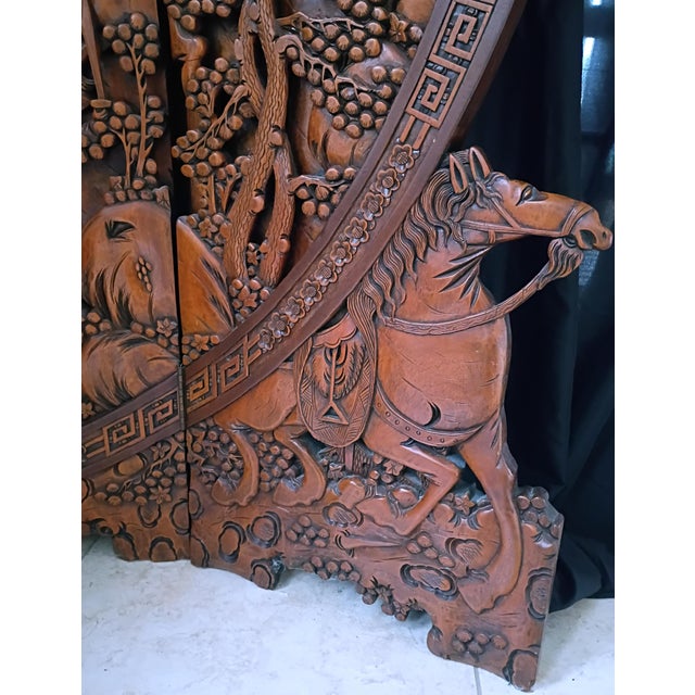 1930s Chinese Ornate Large Round Carved Teak Wood Equestrian Screen Divider For Sale - Image 16 of 18