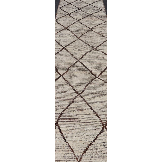 Textile Modern Long Runner in Distressed Moroccan Design in Off White and Brown Diamonds** For Sale - Image 7 of 7