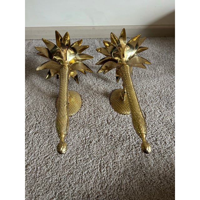 Metal Hollywood Regency Modern Palm Tree Form Candle Wall Sconces With Glass Shades For Sale - Image 7 of 9