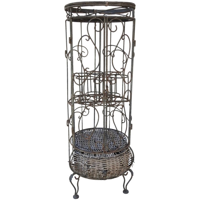 Mid-Century Iron and Wicker Wine Rack For Sale