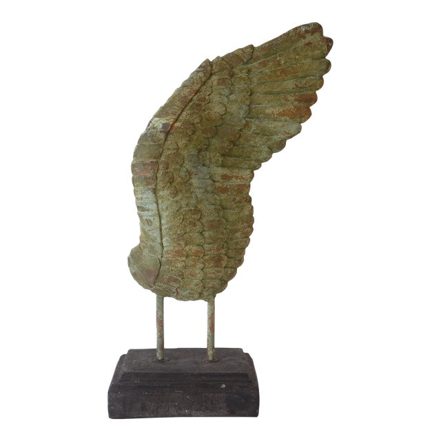 Large Rustic Verdigris Wing Sculpture on Stand For Sale