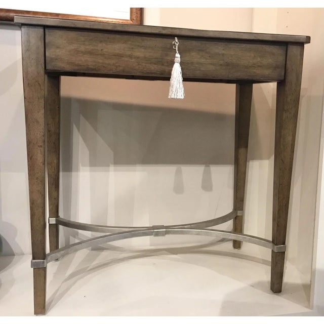 Stylish Drexel Heritage Modern Brown Wood Nightstand , silver metal stretcher, one drawer with key and tassel, showroom...