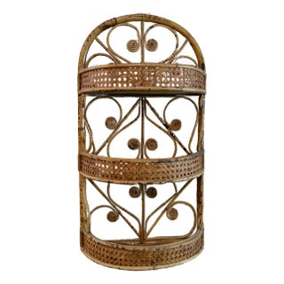 Burnt Bamboo and Caned Fiddlehead Peacock Wicker Hanging Wall Shelf Unit For Sale