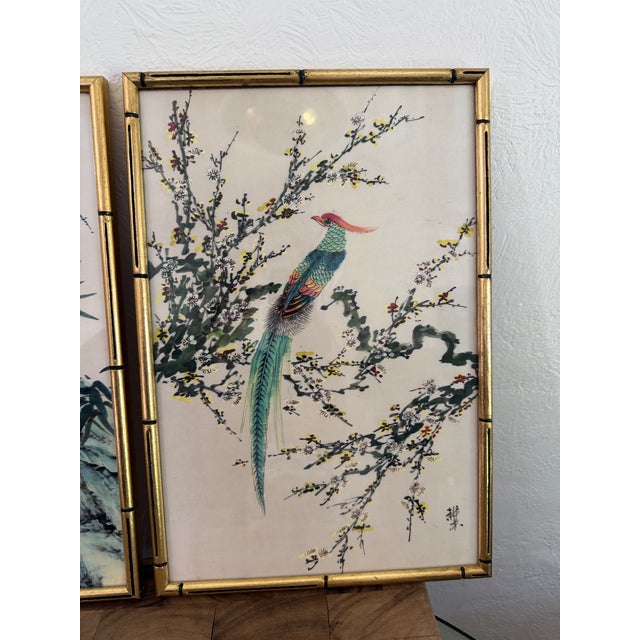 Japanese 1950s Pair of Japanese Silk Paintings - Signed For Sale - Image 3 of 5