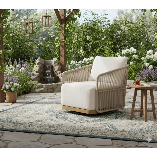 Alpine Teak Wood Modern Swivel Outdoor Arm Chair – Beige For Sale In Chicago - Image 6 of 17