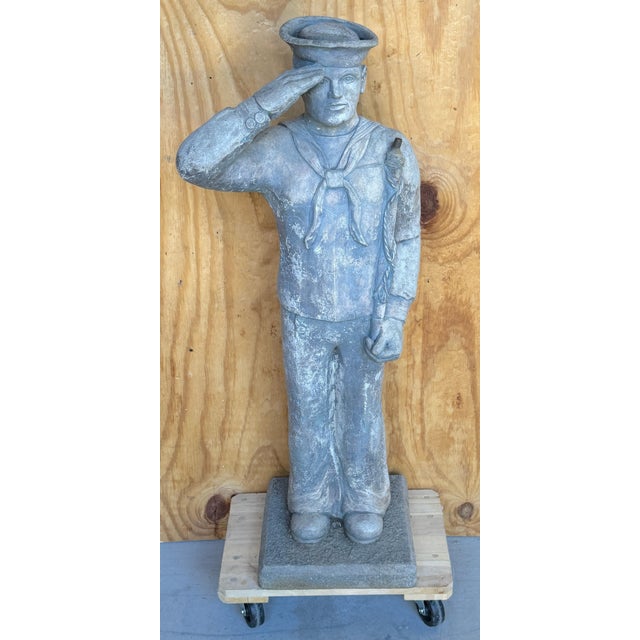 WPA Style Cast Stone Garden Flag Bearer Statue of a Handsome Navy Sailor For Sale - Image 4 of 11