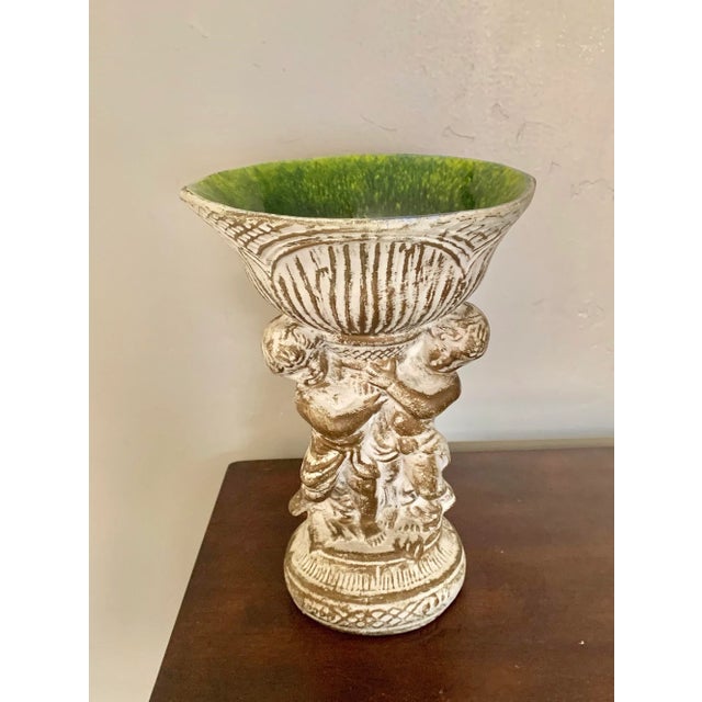 Antiqued Finish Angel Footed Neoclassic Ceramic Bowl With Green Glaze Inside Finish For Sale In San Diego - Image 6 of 6
