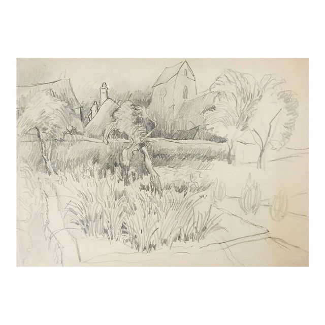 Vintage Rustic Farm Landscape Pencil Study Drawing For Sale
