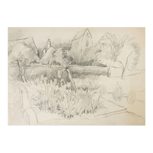 Vintage Rustic Farm Landscape Pencil Study Drawing
