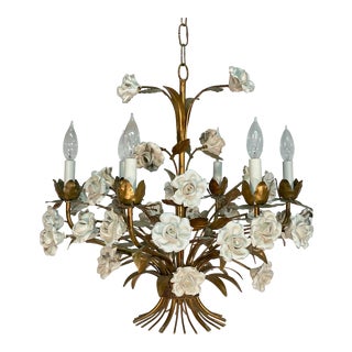 Italian Tole and Ceramic Rose Six Arm Chandelier For Sale