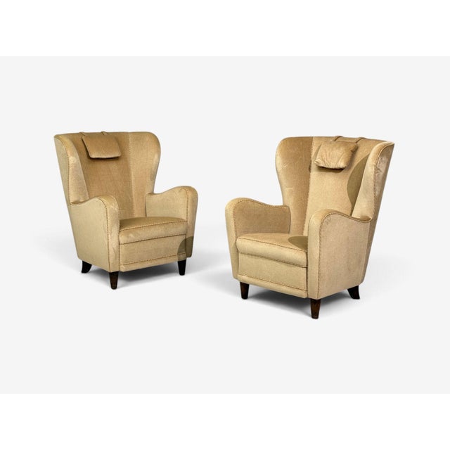 Mid-Century Modern Finnish Modern, Wingback Chairs, Beige Velvet, Wood, Finland, 1950s For Sale - Image 3 of 12
