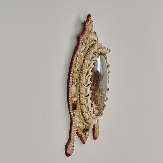 Enchanting 19th century sailors valentine having a rare form hand decorated with exotic seashells, around an image of a...