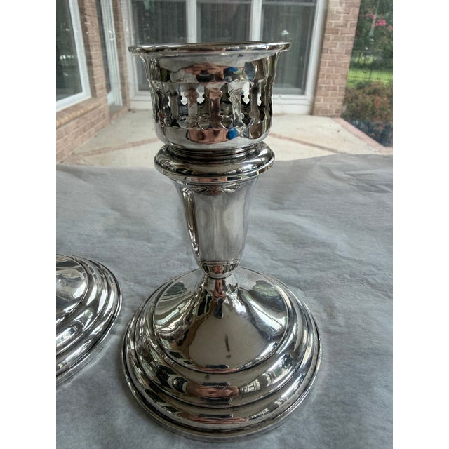 Traditional Pair of Vintage Towle Sterling Silver Weighted & Reinforced Taper Candlesticks, Model 49 For Sale - Image 3 of 6