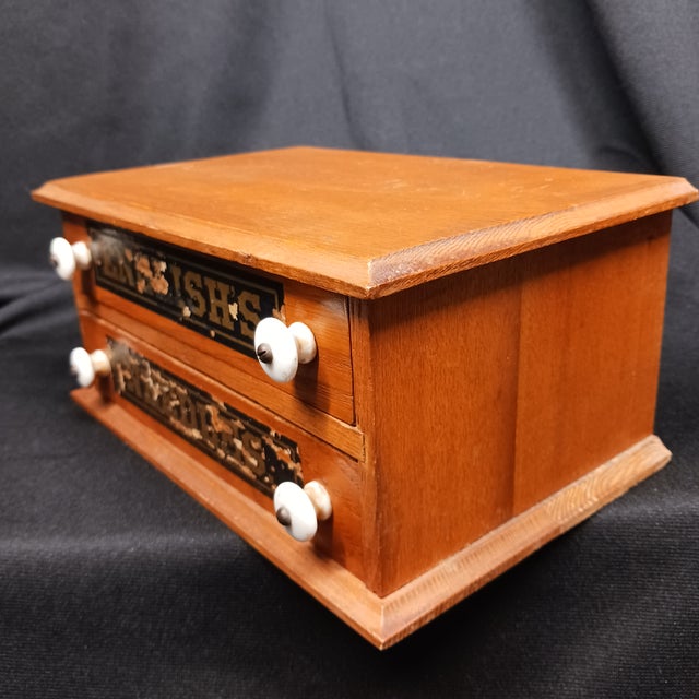 Wood English's Needles Antique Miniature Tabletop Oak & Pine Spool Cabinet For Sale - Image 7 of 17
