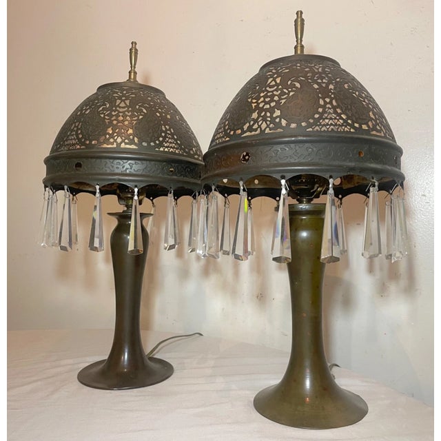 Antique Ornate Patinated Bonze Austrian Reticulated Electric Table Lamps - a Pair For Sale - Image 12 of 18