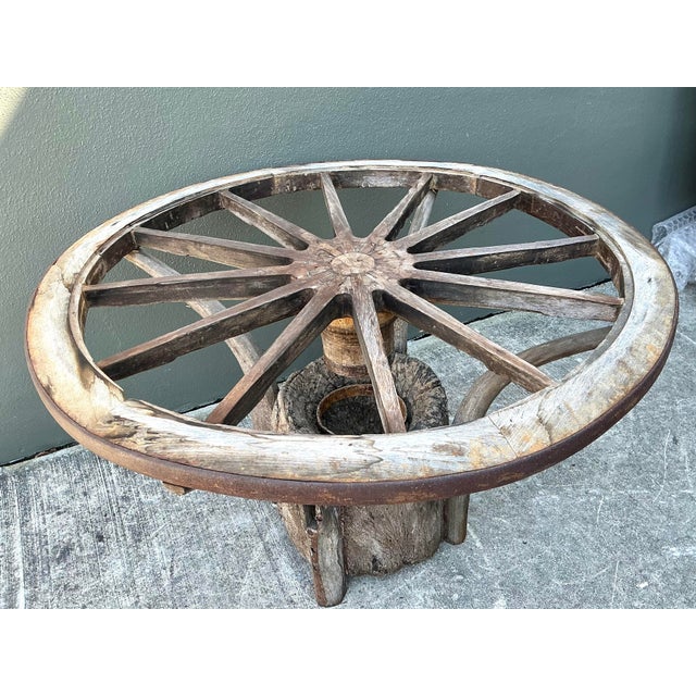 Vintage Primitive Wagon Wheel Dining Table Pedestal For Sale - Image 10 of 12