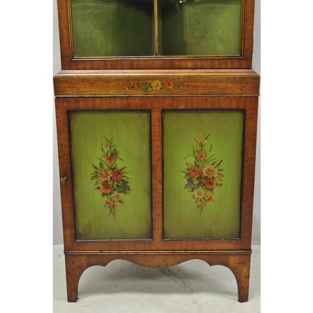 Antique English Adams Style Green Hand Painted Narrow Corner China Cabinet For Sale - Image 4 of 18