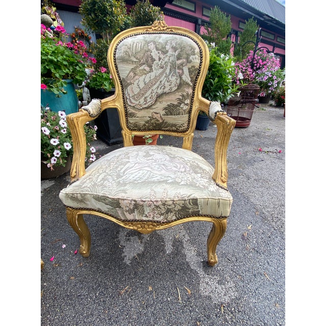 Beautiful Pair Vintage French Louis XV Style Gold Giltwood Tapestry Fabric Bergere Arm Chairs Late 1900's 42.5" h x 26 w x...