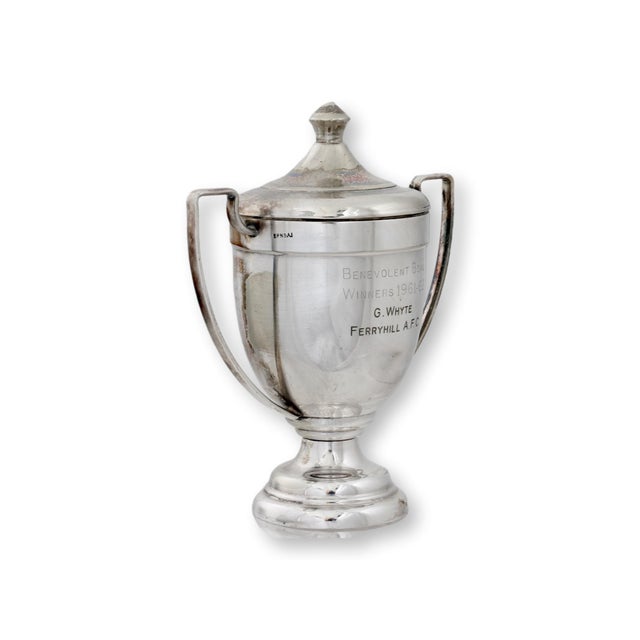 1960s English silverplate football trophy cup with elegant twin handles, fitted lid, and enamel Durham Football...